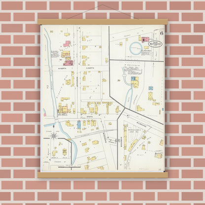 Old map wall art mockup — magnetic wood frame on brick wall — Sanborn Fire Insurance Map from Whitewater, Walworth County, Wisconsin (1898), Sheet #0006
