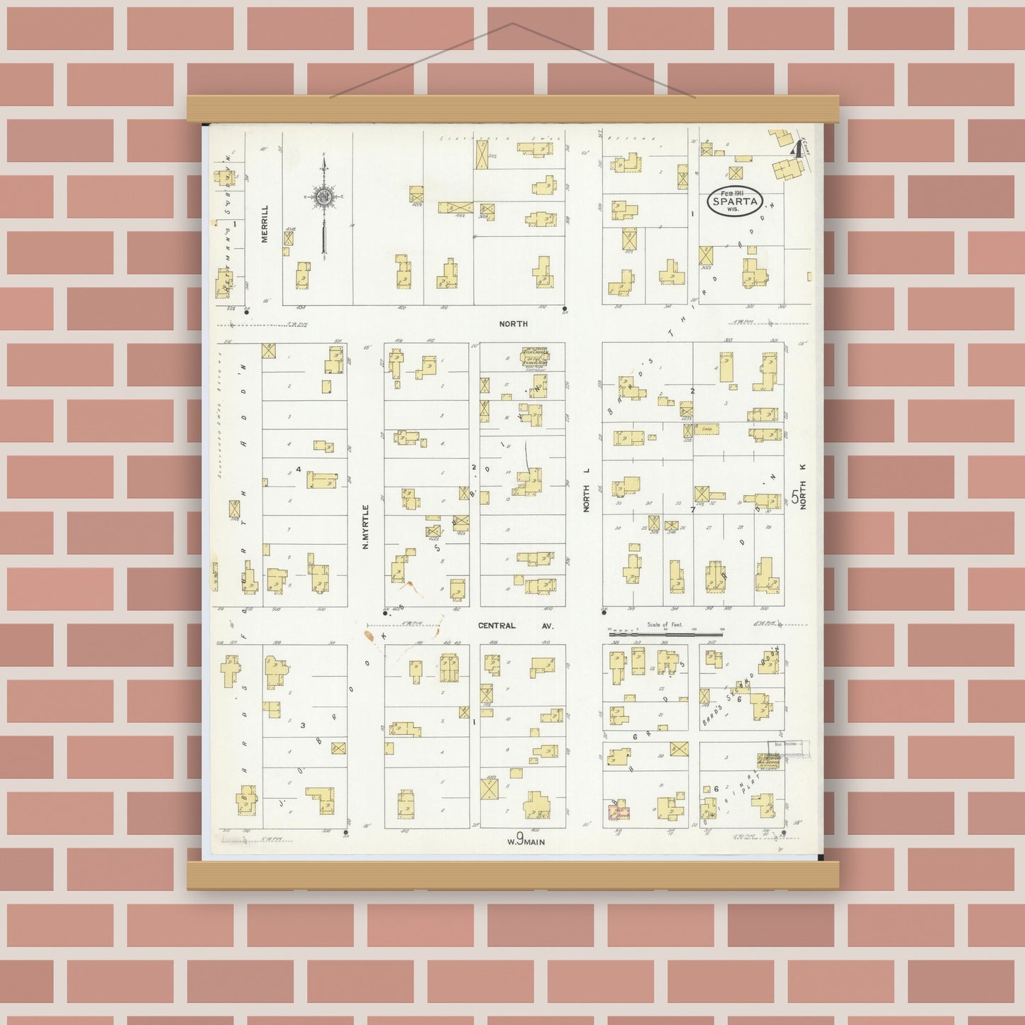 Old map wall art mockup — magnetic wood frame on brick wall — Sanborn Fire Insurance Map from Sparta, Monroe County, Wisconsin (1911), Sheet #0004