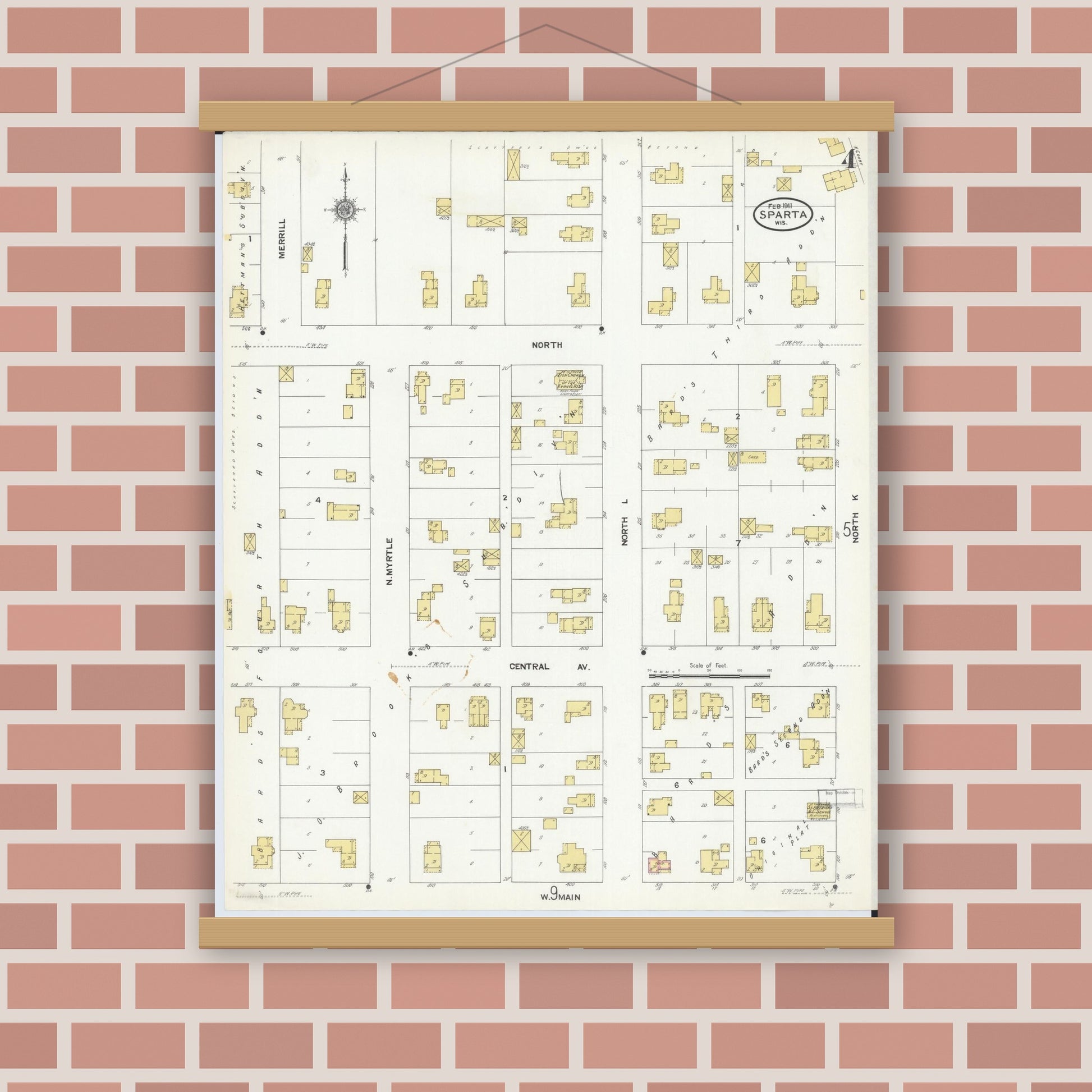 Old map wall art mockup — magnetic wood frame on brick wall — Sanborn Fire Insurance Map from Sparta, Monroe County, Wisconsin (1911), Sheet #0004