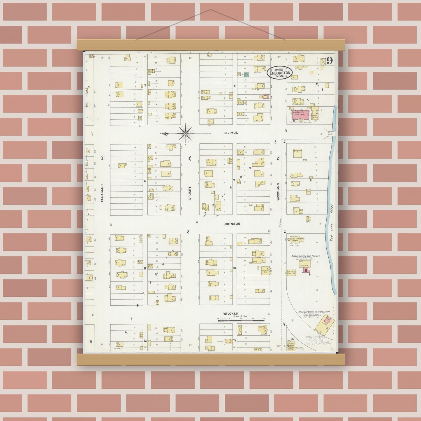 Old map wall art mockup — magnetic wood frame on brick wall — Sanborn Fire Insurance Map from Crookston, Polk County, Minnesota (1906), Sheet #0009
