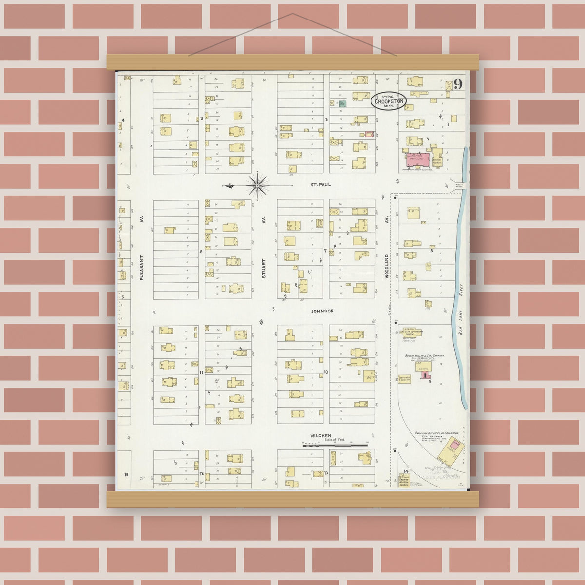Old map wall art mockup — magnetic wood frame on brick wall — Sanborn Fire Insurance Map from Crookston, Polk County, Minnesota (1906), Sheet #0009