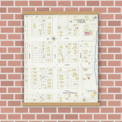 Old map wall art mockup — magnetic wood frame on brick wall — Sanborn Fire Insurance Map from Crookston, Polk County, Minnesota (1906), Sheet #0009