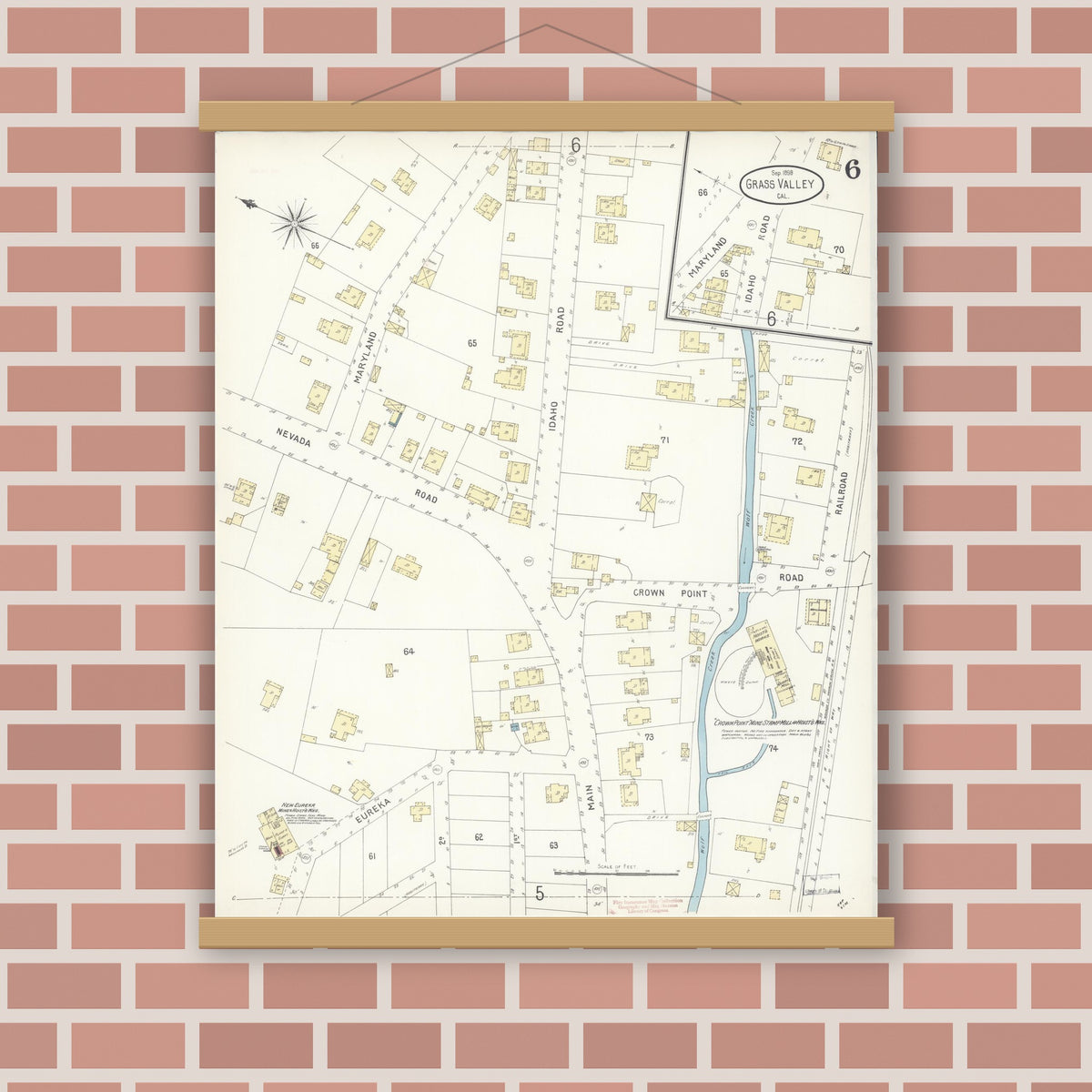 Old map wall art mockup — magnetic wood frame on brick wall — Sanborn Fire Insurance Map from Grass Valley, Nevada County, California (1898), Sheet #0005