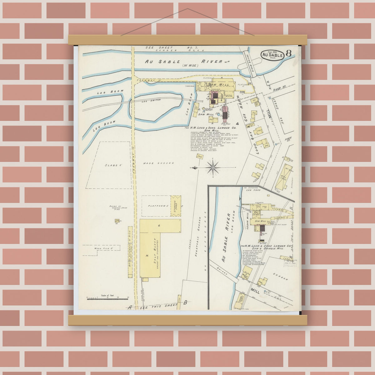 Old map wall art mockup — magnetic wood frame on brick wall — Sanborn Fire Insurance Map from Oscoda, Iosco County, Michigan (1890), Sheet #0008
