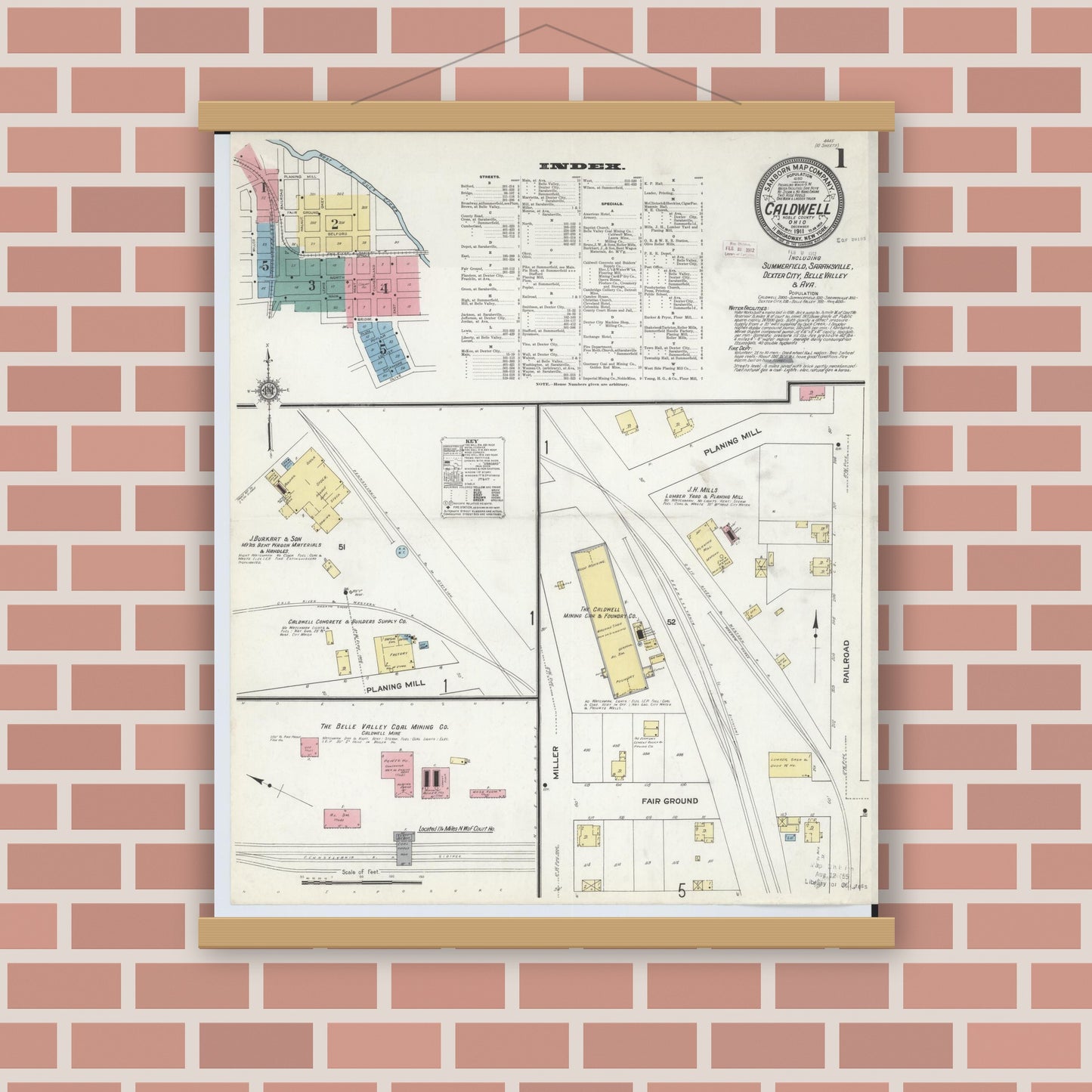 Old map wall art mockup — magnetic wood frame on brick wall — Sanborn Fire Insurance Map from Caldwell, Noble County, Ohio (1911) - Complete Map Set