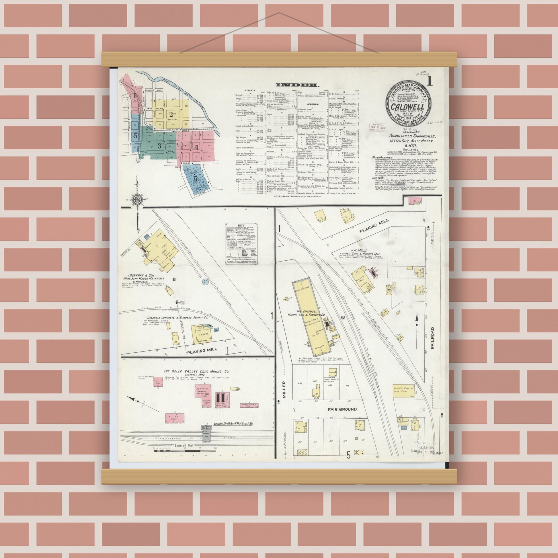 Old map wall art mockup — magnetic wood frame on brick wall — Sanborn Fire Insurance Map from Caldwell, Noble County, Ohio (1911) - Complete Map Set