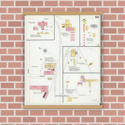 Old map wall art mockup — magnetic wood frame on brick wall — Sanborn Fire Insurance Map from Marietta, Washington County, Ohio (1900), Sheet #0020
