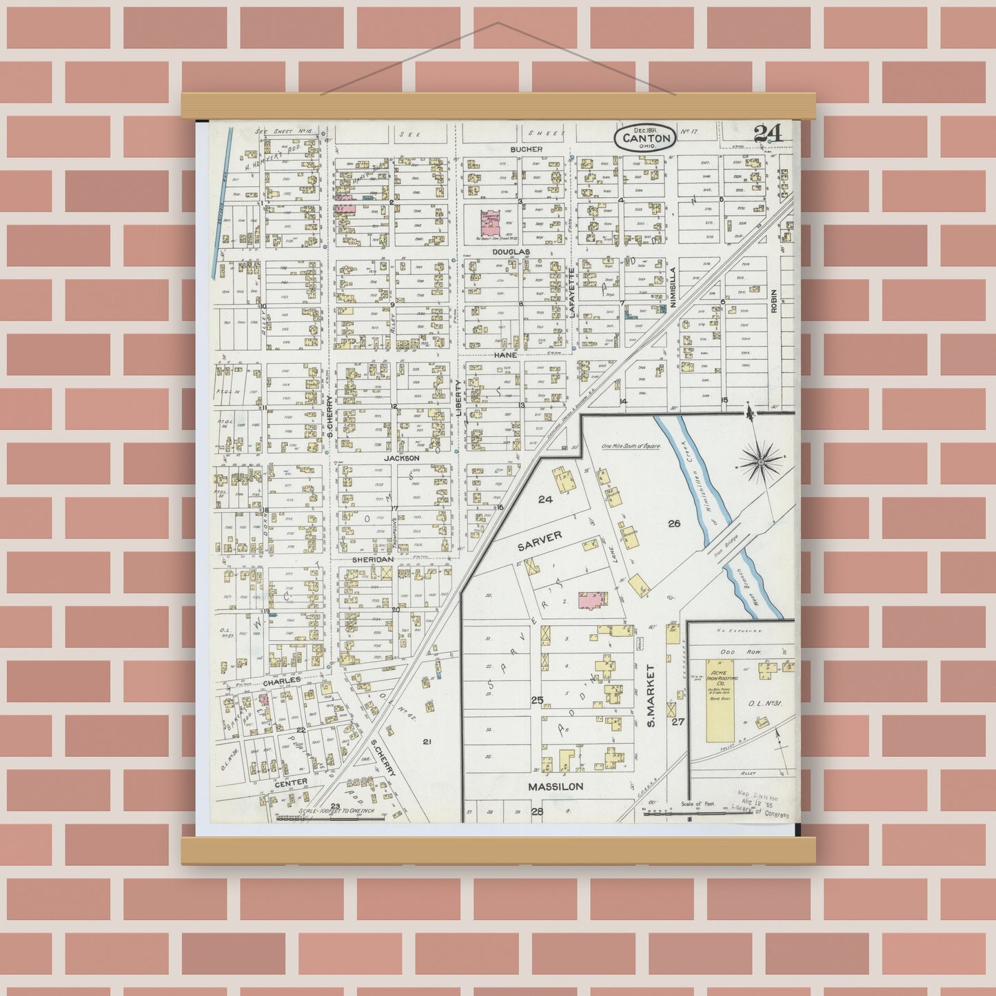 Old map wall art mockup — magnetic wood frame on brick wall — Sanborn Fire Insurance Map from Canton, Stark County, Ohio (1891), Sheet #0024