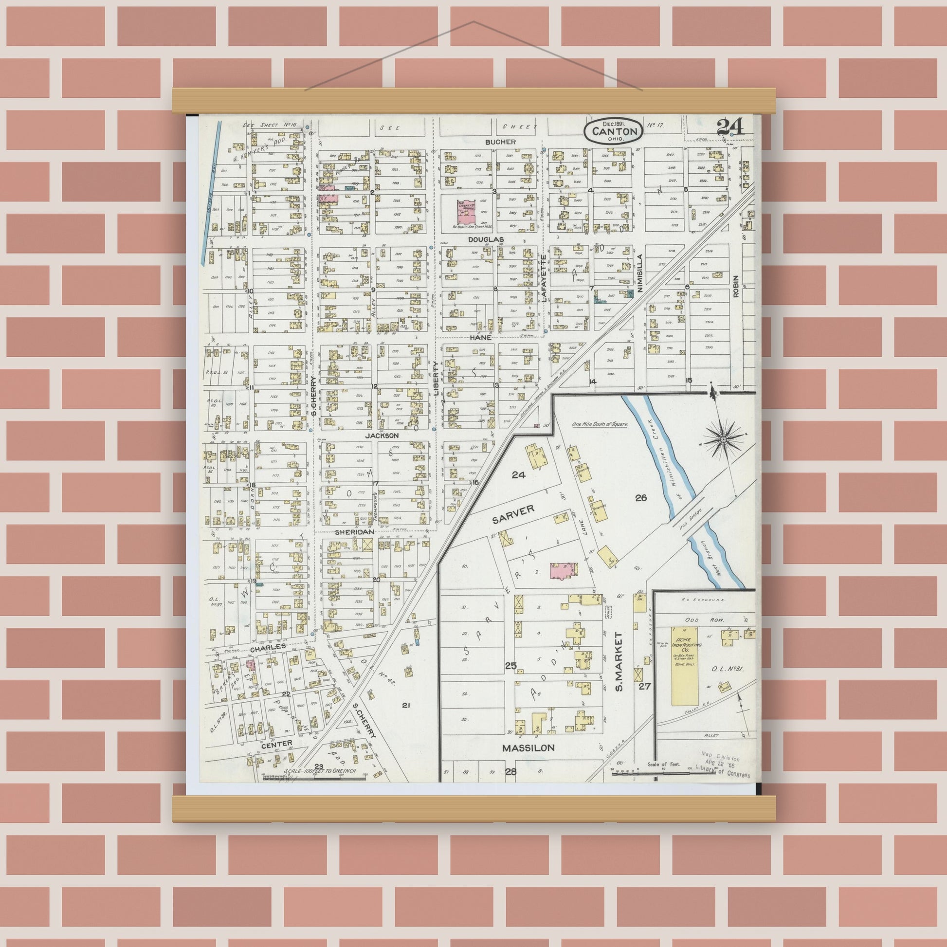 Old map wall art mockup — magnetic wood frame on brick wall — Sanborn Fire Insurance Map from Canton, Stark County, Ohio (1891), Sheet #0024