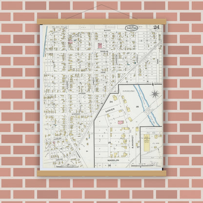Old map wall art mockup — magnetic wood frame on brick wall — Sanborn Fire Insurance Map from Canton, Stark County, Ohio (1891), Sheet #0024