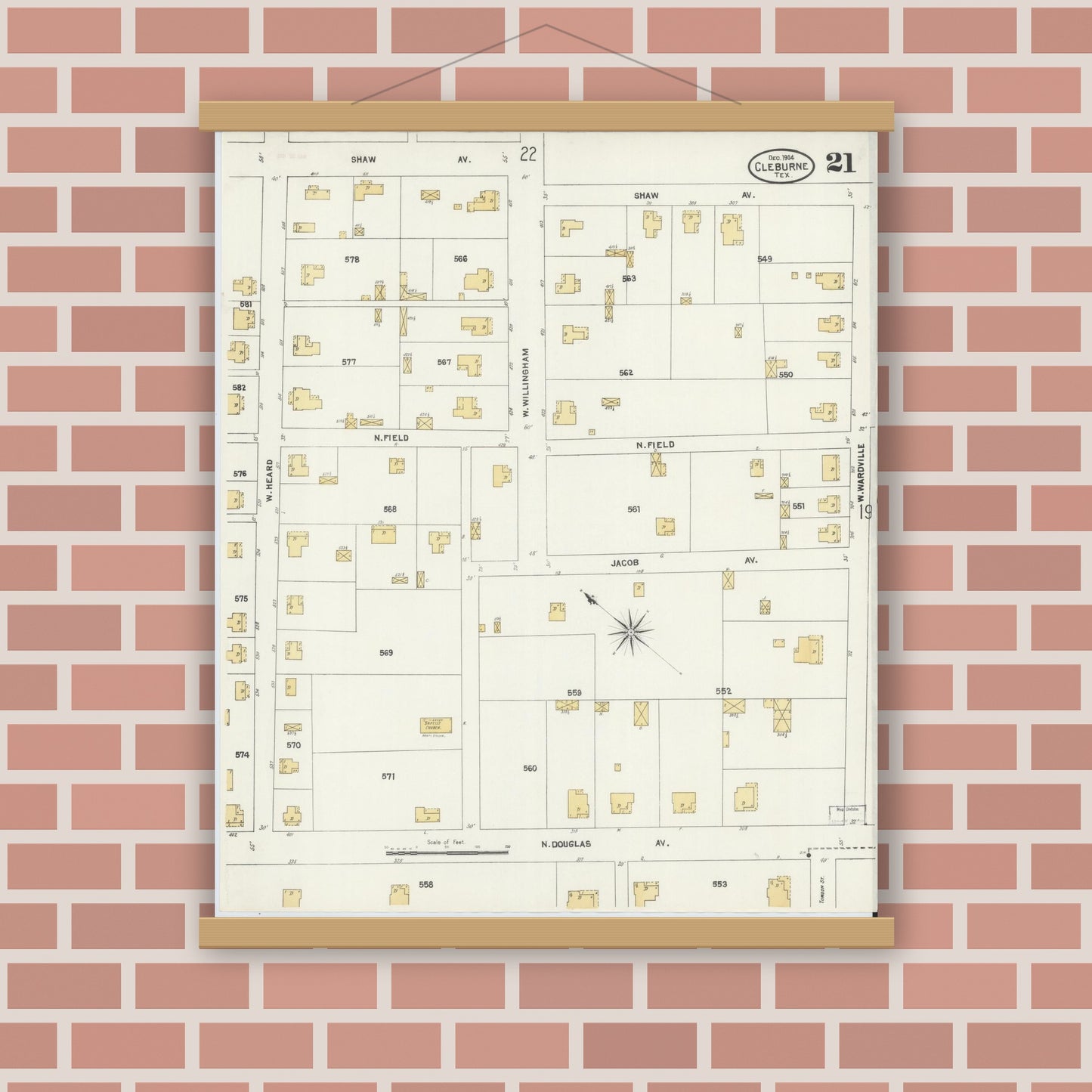 Old map wall art mockup — magnetic wood frame on brick wall — Sanborn Fire Insurance Map from Cleburne, Johnson County, Texas (1904), Sheet #0021