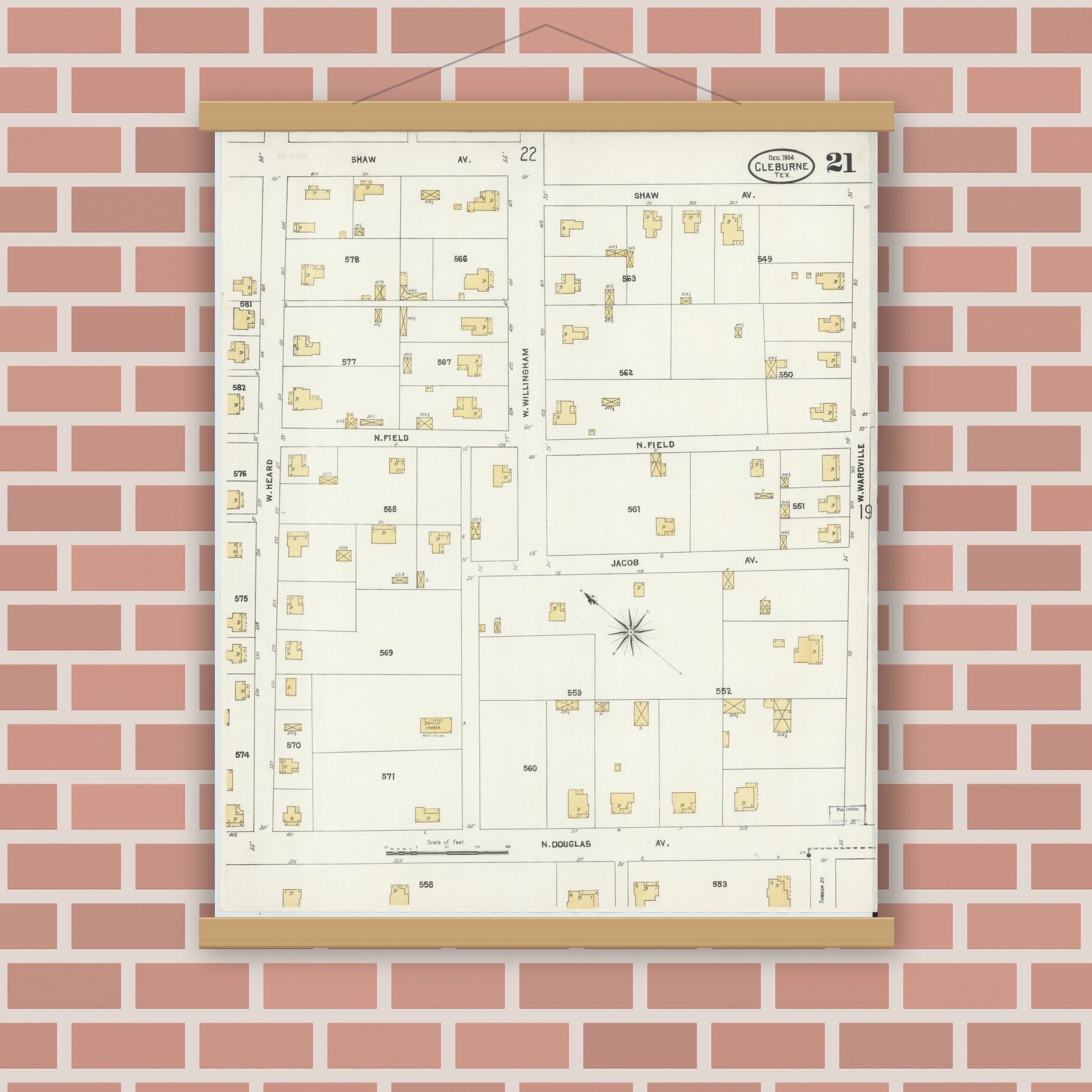 Old map wall art mockup — magnetic wood frame on brick wall — Sanborn Fire Insurance Map from Cleburne, Johnson County, Texas (1904), Sheet #0021