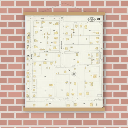Old map wall art mockup — magnetic wood frame on brick wall — Sanborn Fire Insurance Map from Cleburne, Johnson County, Texas (1904), Sheet #0021