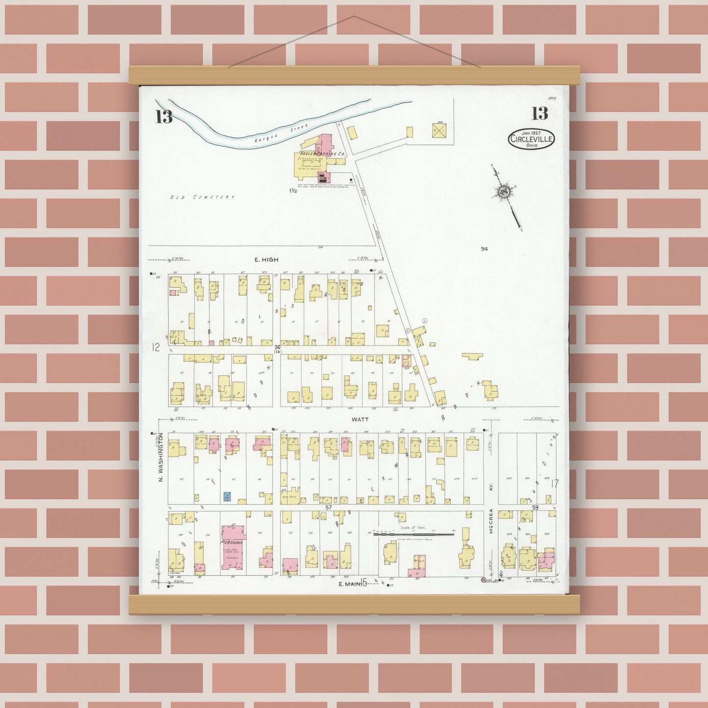 Old map wall art mockup — magnetic wood frame on brick wall — Sanborn Fire Insurance Map from Circleville, Pickaway County, Ohio (1927), Sheet #0013