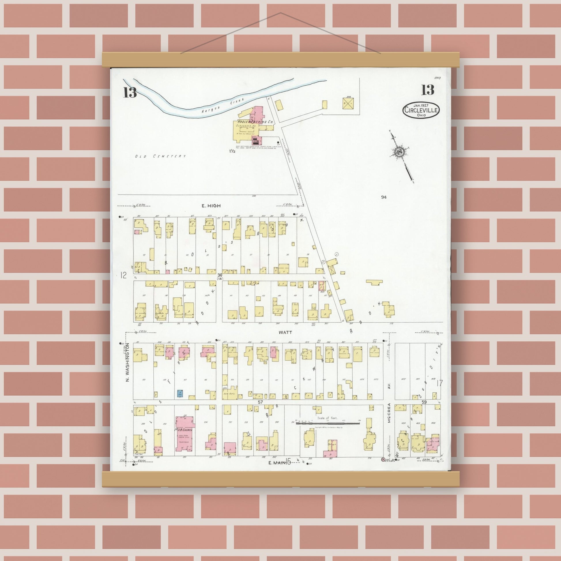 Old map wall art mockup — magnetic wood frame on brick wall — Sanborn Fire Insurance Map from Circleville, Pickaway County, Ohio (1927), Sheet #0013