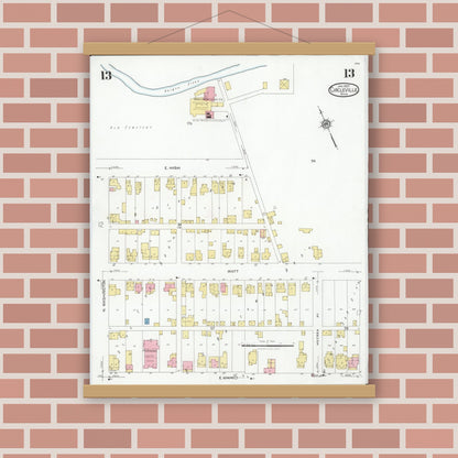 Old map wall art mockup — magnetic wood frame on brick wall — Sanborn Fire Insurance Map from Circleville, Pickaway County, Ohio (1927), Sheet #0013