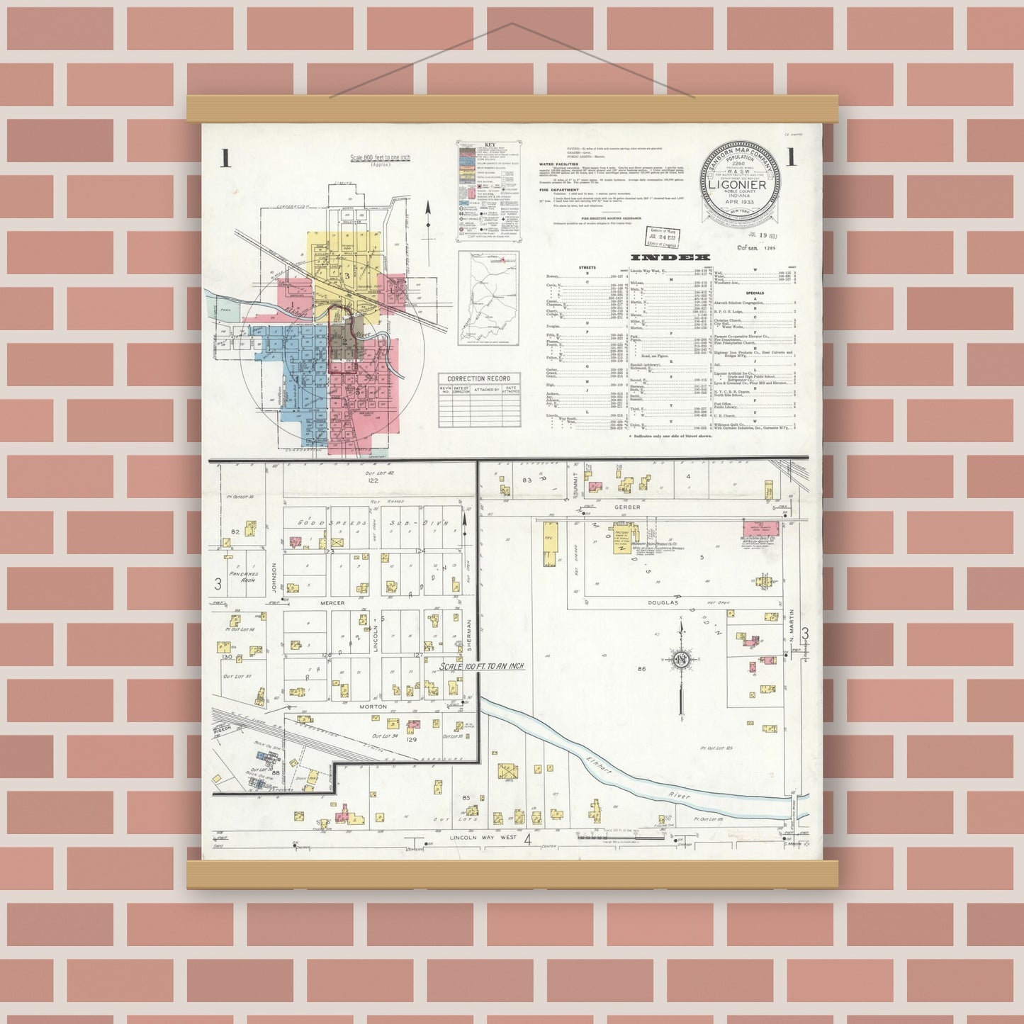 Old map wall art mockup — magnetic wood frame on brick wall — Sanborn Fire Insurance Map from Ligonier, Noble County, Indiana (1933), Sheet #0001