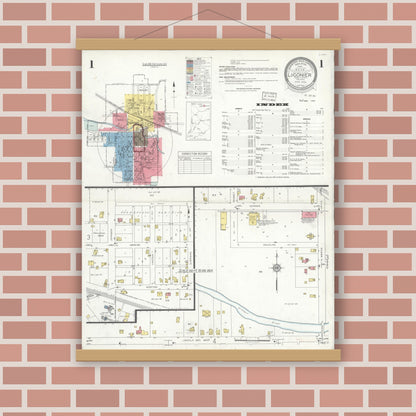 Old map wall art mockup — magnetic wood frame on brick wall — Sanborn Fire Insurance Map from Ligonier, Noble County, Indiana (1933), Sheet #0001