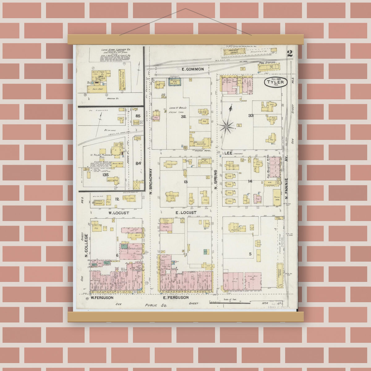 Old map wall art mockup — magnetic wood frame on brick wall — Sanborn Fire Insurance Map from Tyler, Smith County, Texas (1889), Sheet #0002