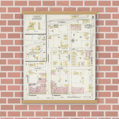 Old map wall art mockup — magnetic wood frame on brick wall — Sanborn Fire Insurance Map from Tyler, Smith County, Texas (1889), Sheet #0002
