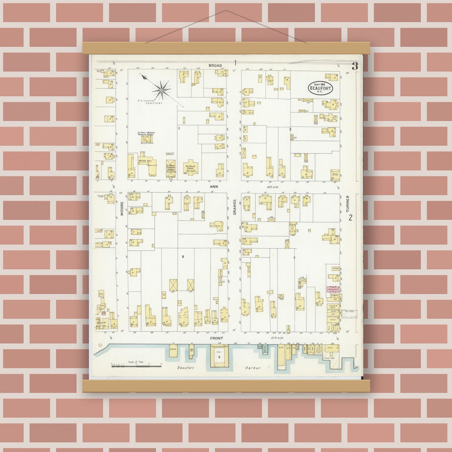 Old map wall art mockup — magnetic wood frame on brick wall — Sanborn Fire Insurance Map from Beaufort, Carteret County, North Carolina (1908), Sheet #0003