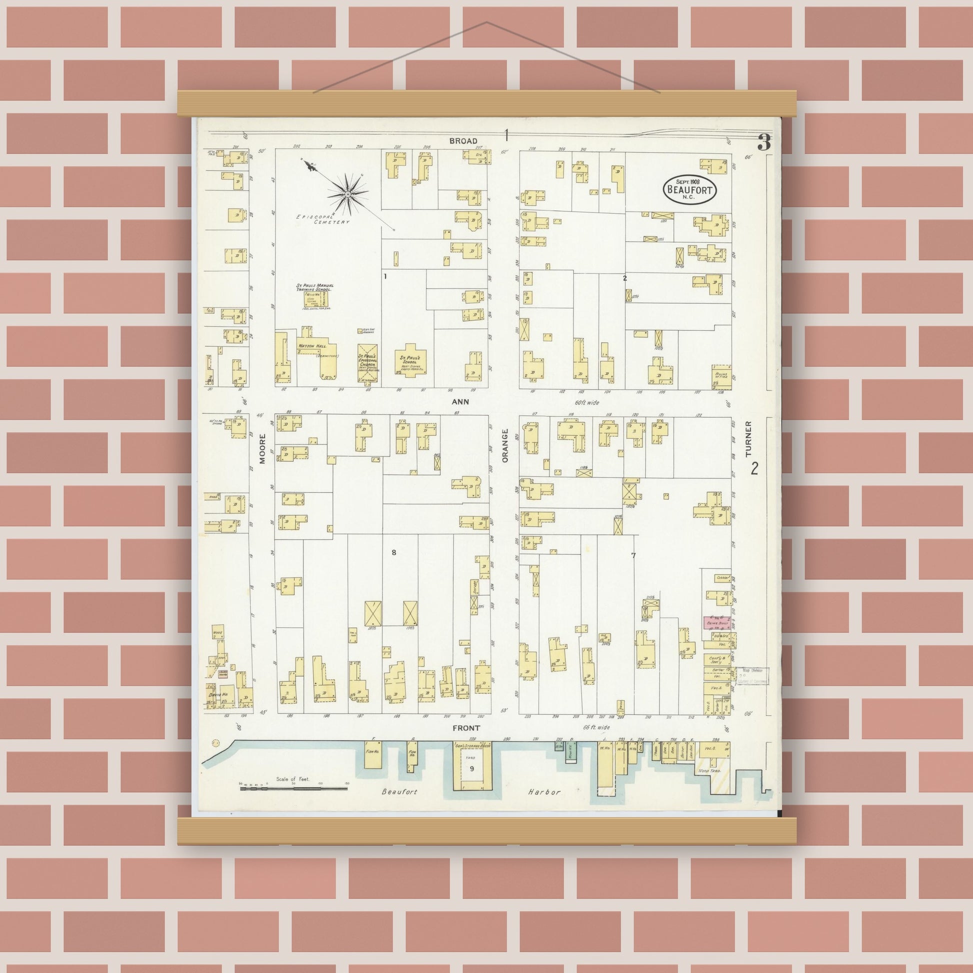 Old map wall art mockup — magnetic wood frame on brick wall — Sanborn Fire Insurance Map from Beaufort, Carteret County, North Carolina (1908), Sheet #0003