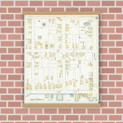 Old map wall art mockup — magnetic wood frame on brick wall — Sanborn Fire Insurance Map from Beaufort, Carteret County, North Carolina (1908), Sheet #0003