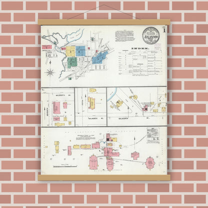 Old map wall art mockup — magnetic wood frame on brick wall — Sanborn Fire Insurance Map from Delavan, Walworth County, Wisconsin (1904) - Complete Map Set