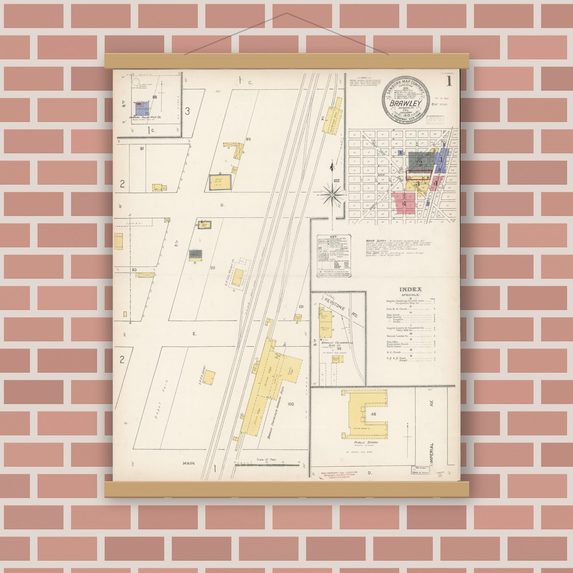 Old map wall art mockup — magnetic wood frame on brick wall — Sanborn Fire Insurance Map from Brawley, Imperial County, California (1910), Sheet #0001