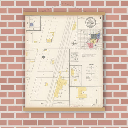 Old map wall art mockup — magnetic wood frame on brick wall — Sanborn Fire Insurance Map from Brawley, Imperial County, California (1910), Sheet #0001