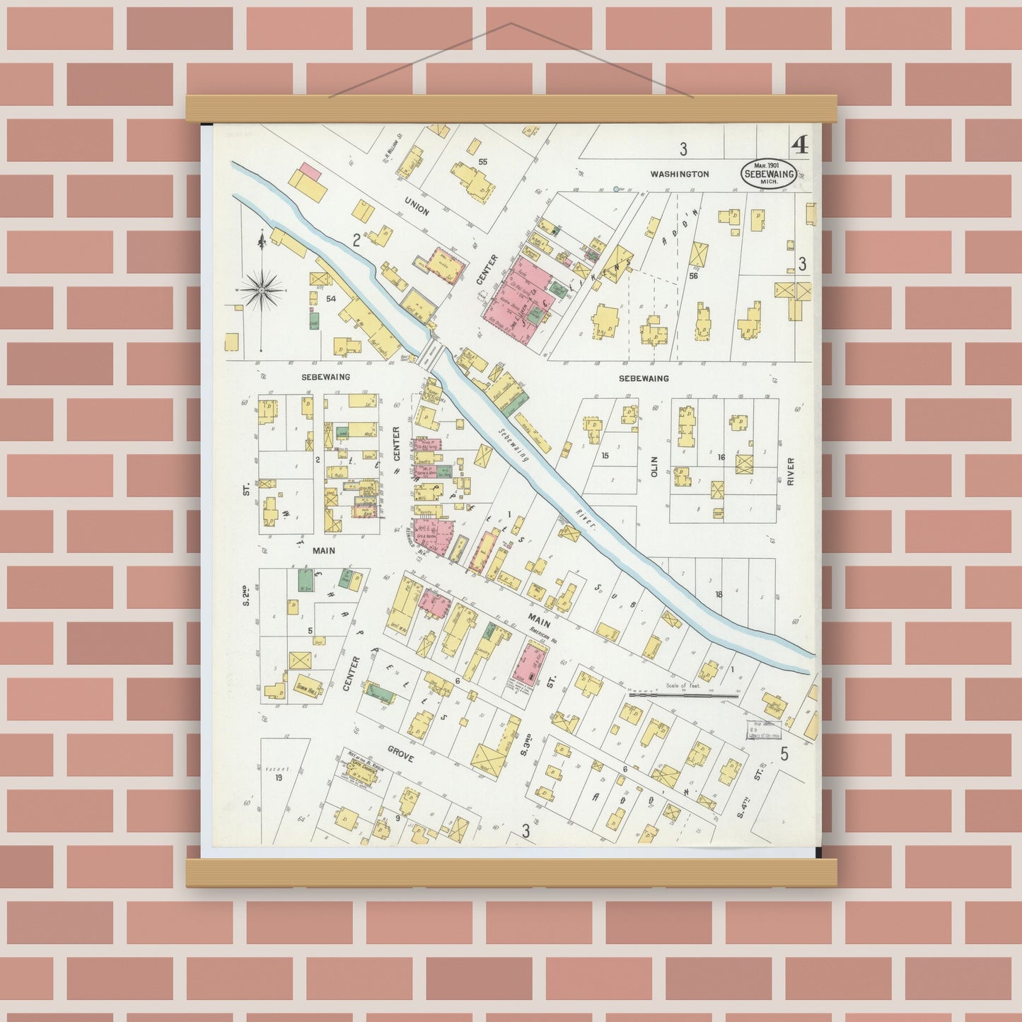 Old map wall art mockup — magnetic wood frame on brick wall — Sanborn Fire Insurance Map from Sebewaing, Huron County, Michigan (1901), Sheet #0004
