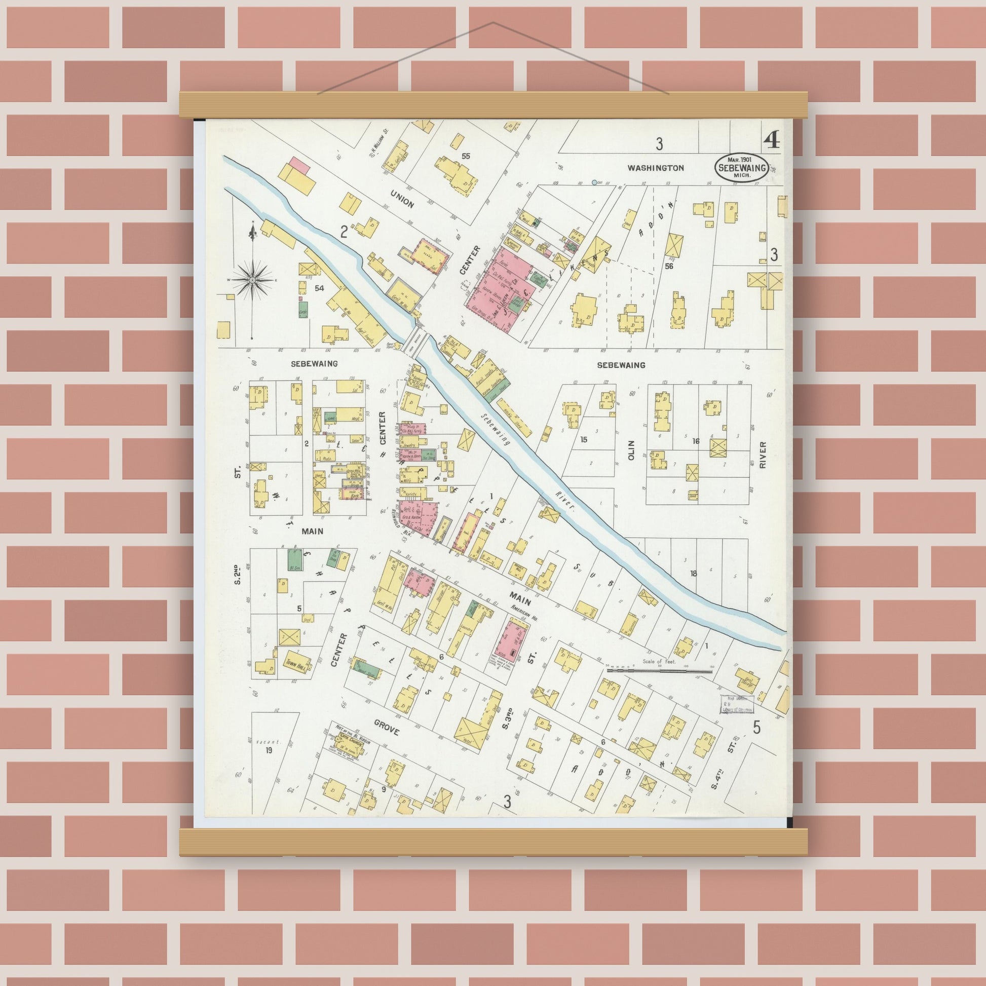 Old map wall art mockup — magnetic wood frame on brick wall — Sanborn Fire Insurance Map from Sebewaing, Huron County, Michigan (1901), Sheet #0004