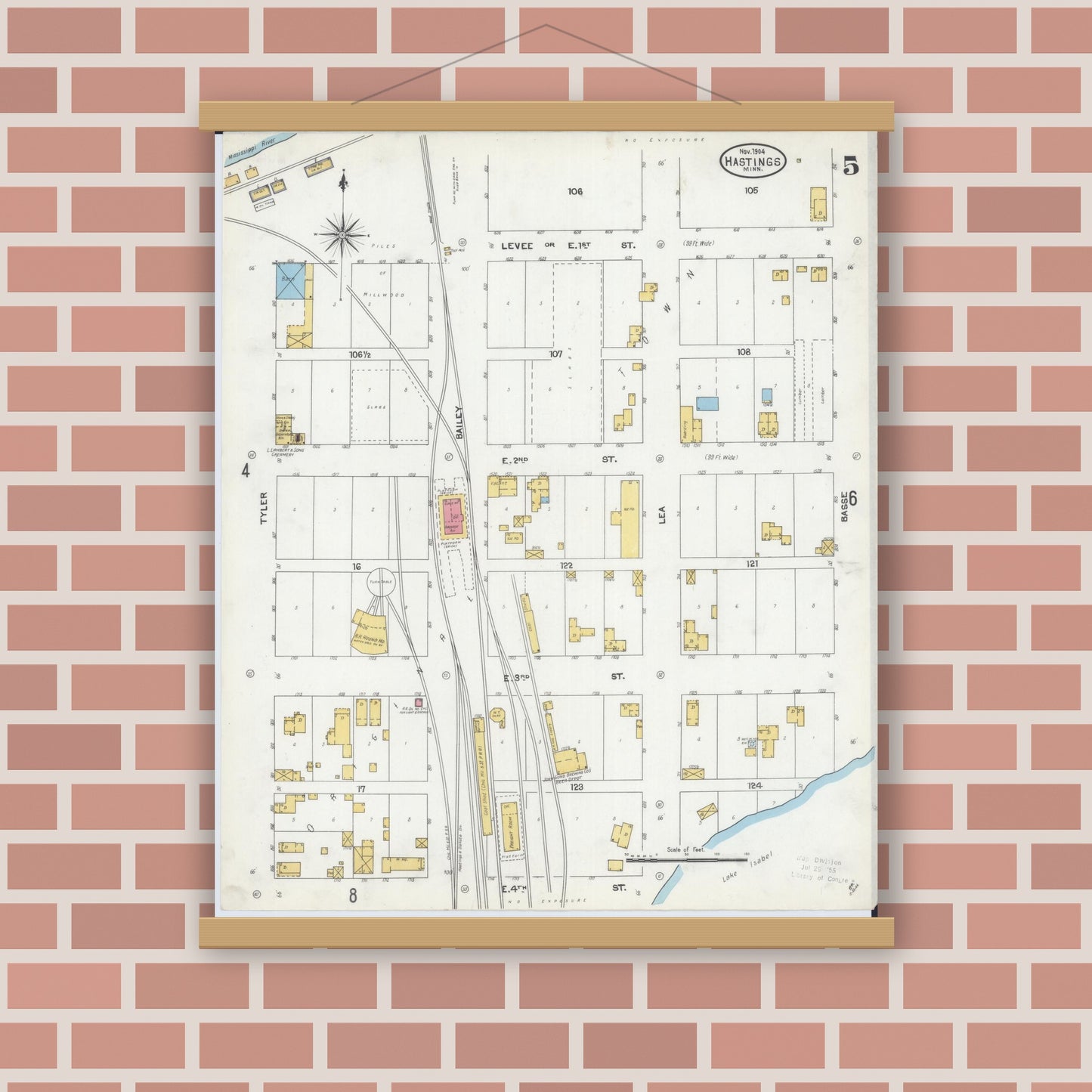 Old map wall art mockup — magnetic wood frame on brick wall — Sanborn Fire Insurance Map from Hastings, Dakota County, Minnesota (1904), Sheet #0005