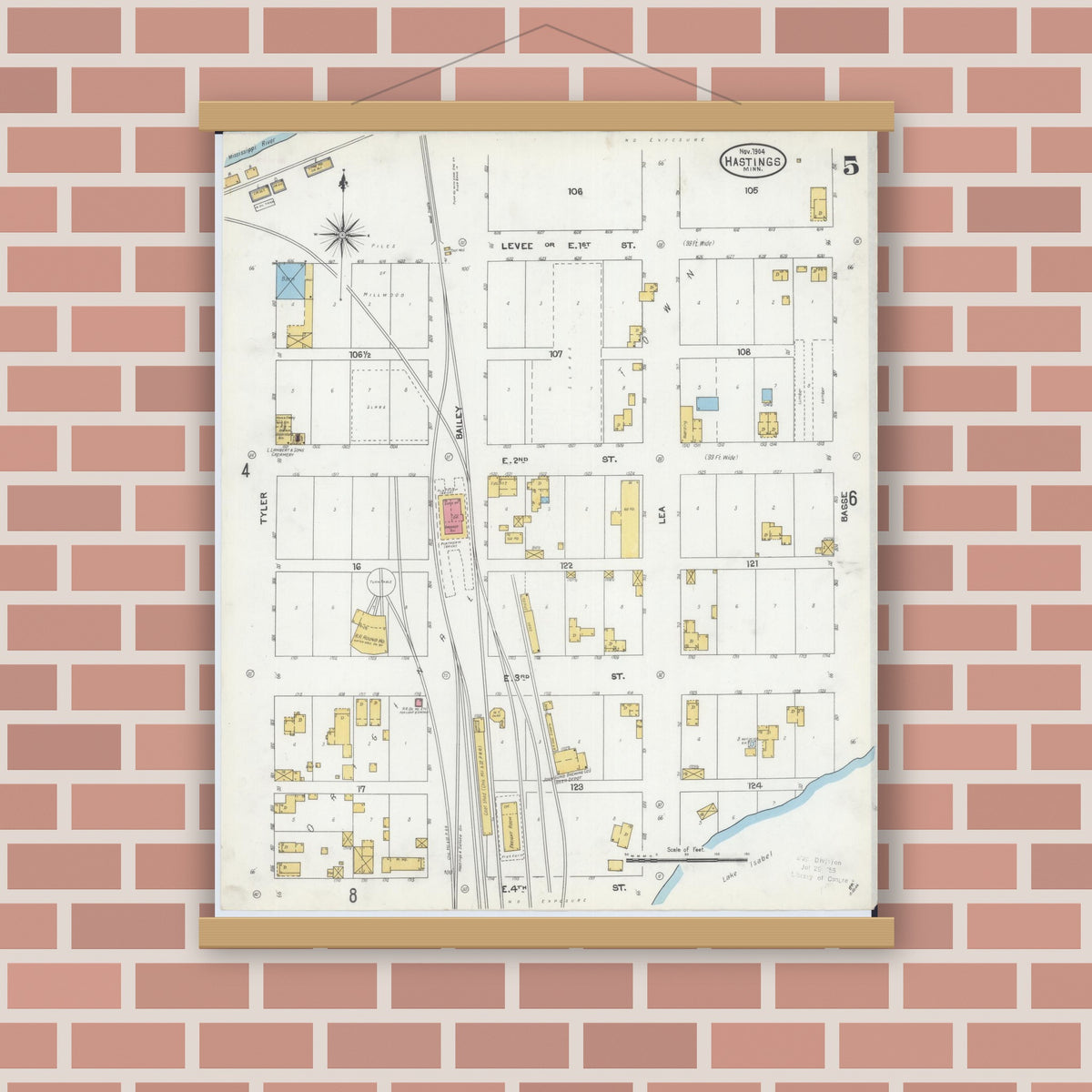 Old map wall art mockup — magnetic wood frame on brick wall — Sanborn Fire Insurance Map from Hastings, Dakota County, Minnesota (1904), Sheet #0005