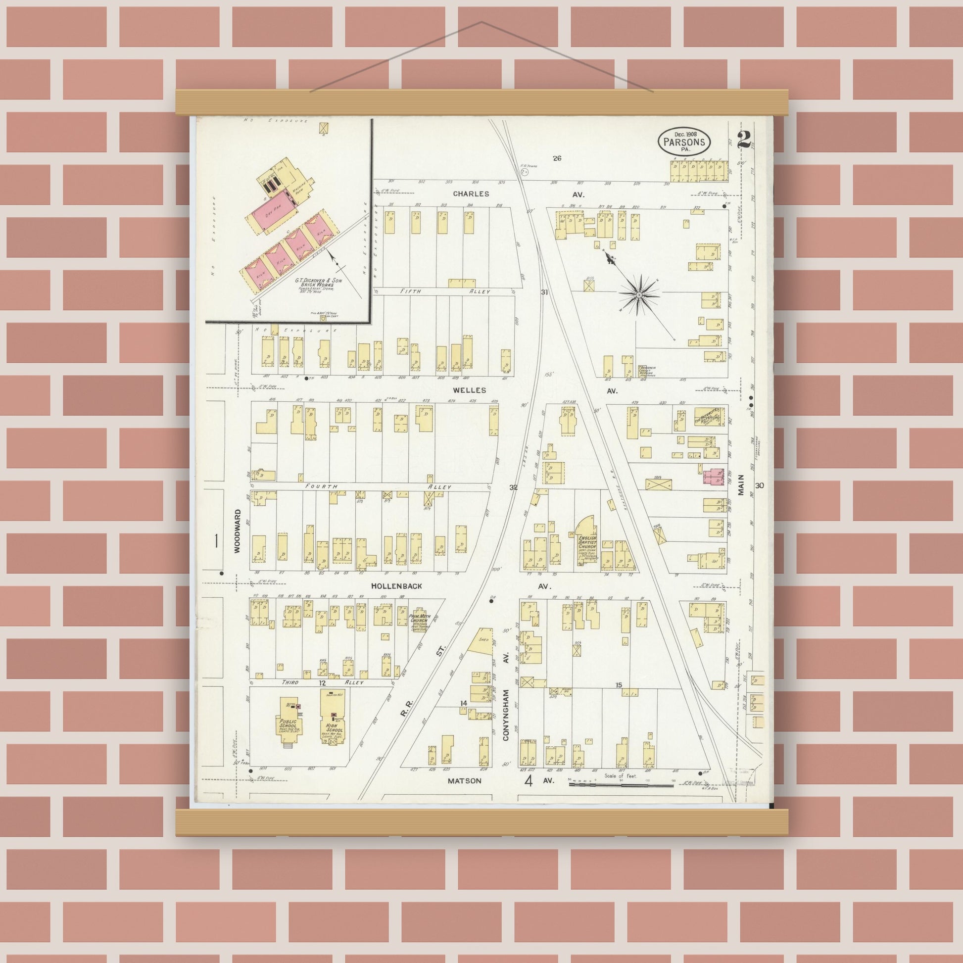Old map wall art mockup — magnetic wood frame on brick wall — Sanborn Fire Insurance Map from Parsons, Luzerne County, Pennsylvania (1908), Sheet #0002