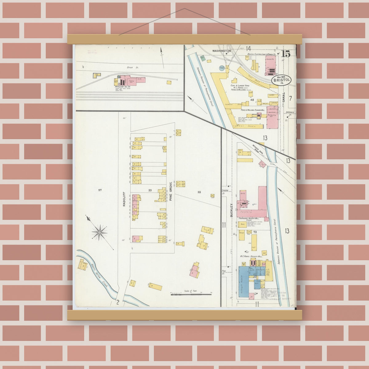 Old map wall art mockup — magnetic wood frame on brick wall — Sanborn Fire Insurance Map from Bristol, Bucks County, Pennsylvania (1903), Sheet #0015