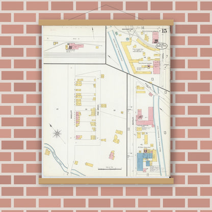 Old map wall art mockup — magnetic wood frame on brick wall — Sanborn Fire Insurance Map from Bristol, Bucks County, Pennsylvania (1903), Sheet #0015