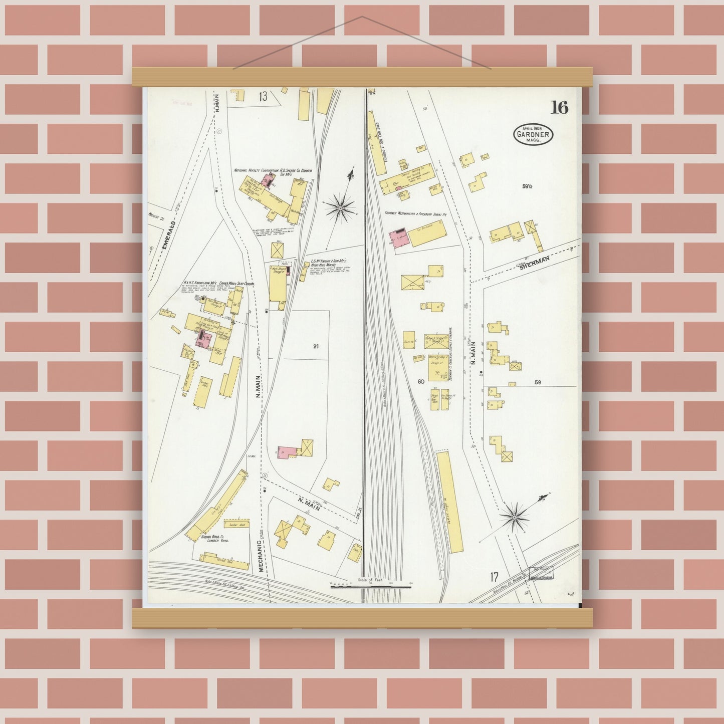 Old map wall art mockup — magnetic wood frame on brick wall — Sanborn Fire Insurance Map from Gardner, Worcester County, Massachusetts (1905), Sheet #0016