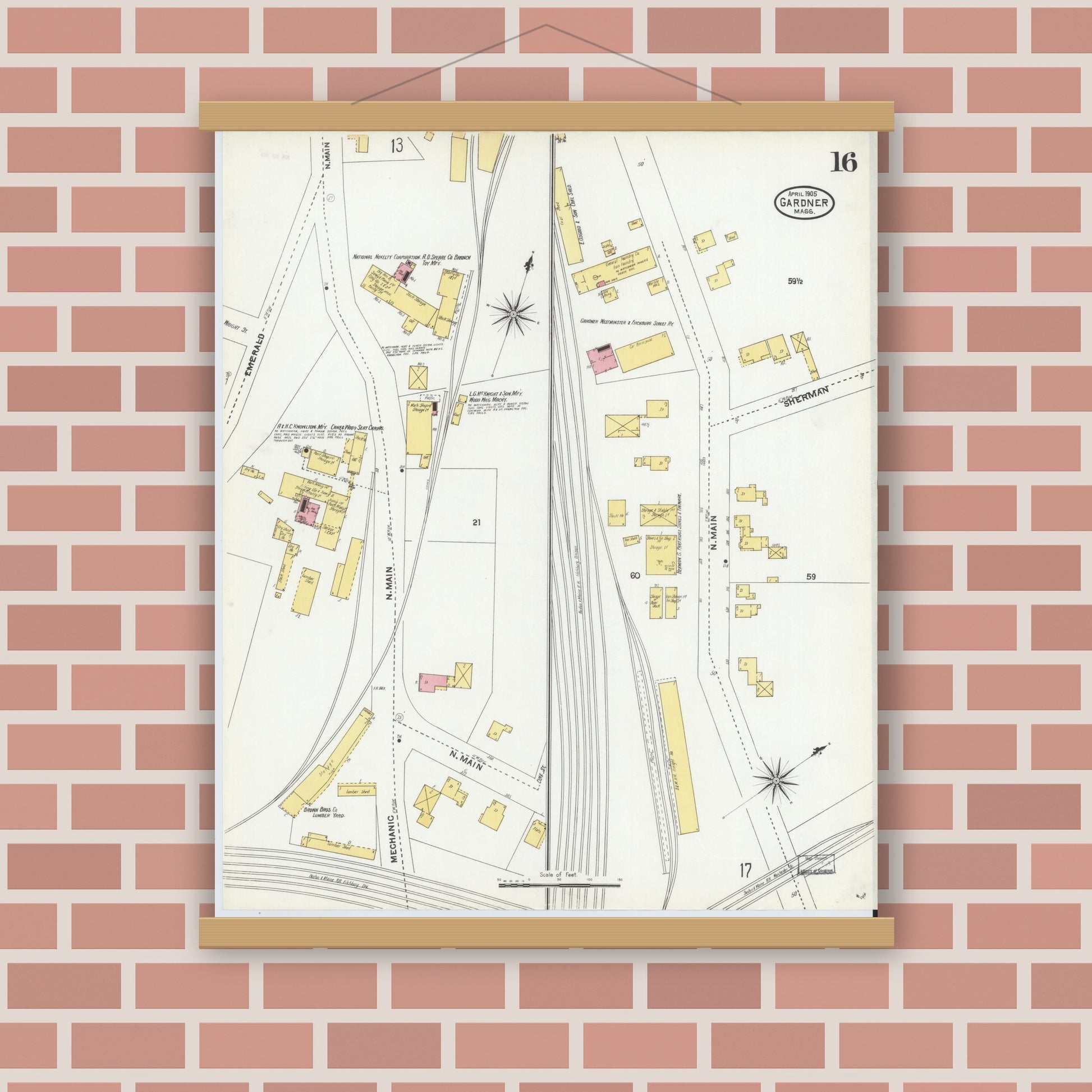 Old map wall art mockup — magnetic wood frame on brick wall — Sanborn Fire Insurance Map from Gardner, Worcester County, Massachusetts (1905), Sheet #0016
