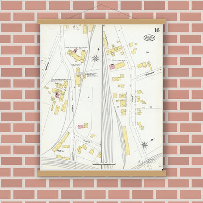 Old map wall art mockup — magnetic wood frame on brick wall — Sanborn Fire Insurance Map from Gardner, Worcester County, Massachusetts (1905), Sheet #0016