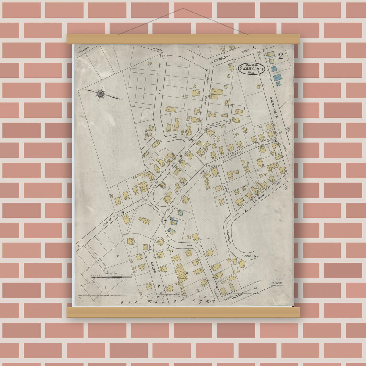 Old map wall art mockup — magnetic wood frame on brick wall — Sanborn Fire Insurance Map from Swampscott, Essex County, Massachusetts (1920), Sheet #0002