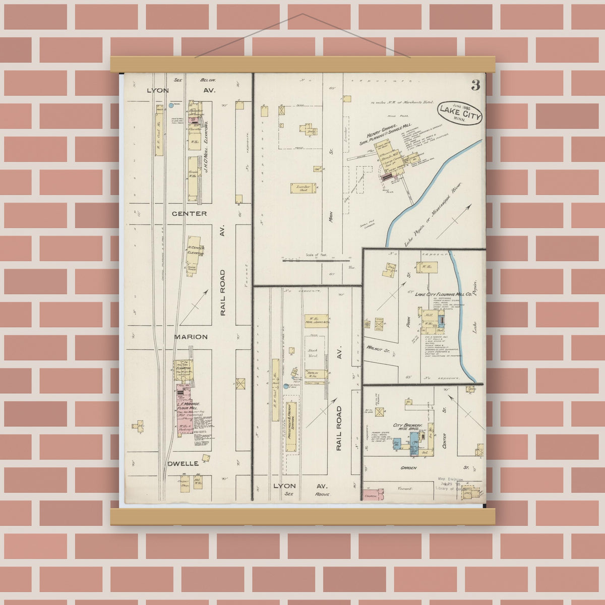 Old map wall art mockup — magnetic wood frame on brick wall — Sanborn Fire Insurance Map from Lake City, Wabasha County, Minnesota (1885), Sheet #0003