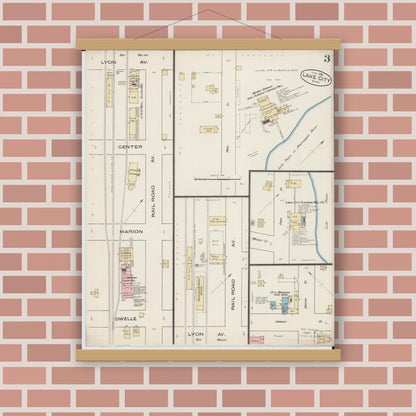 Old map wall art mockup — magnetic wood frame on brick wall — Sanborn Fire Insurance Map from Lake City, Wabasha County, Minnesota (1885), Sheet #0003