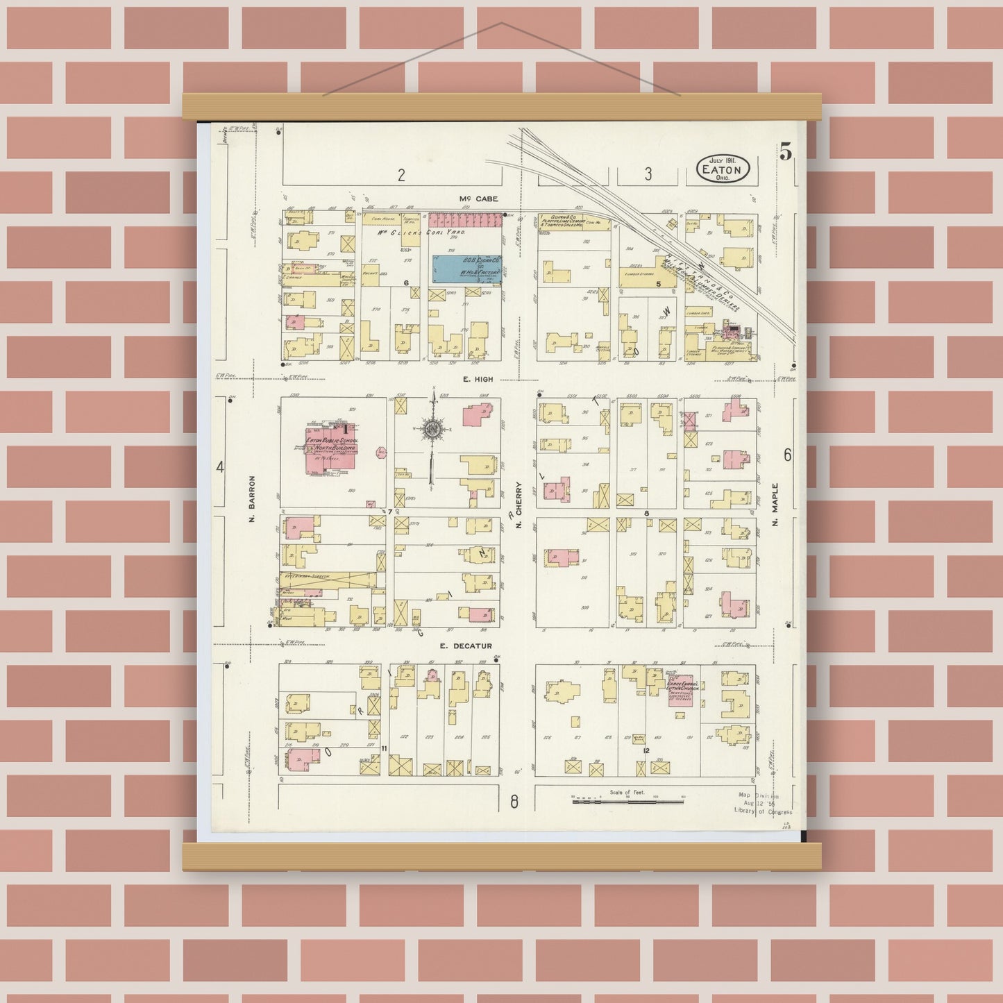 Old map wall art mockup — magnetic wood frame on brick wall — Sanborn Fire Insurance Map from Eaton, Preble County, Ohio (1911), Sheet #0005