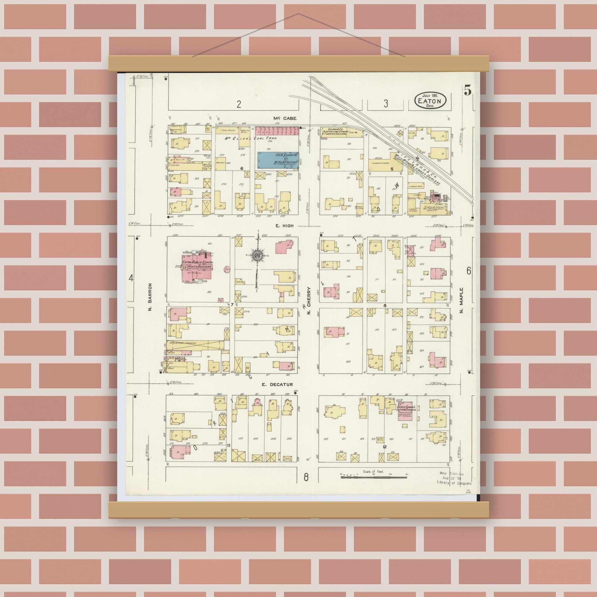 Old map wall art mockup — magnetic wood frame on brick wall — Sanborn Fire Insurance Map from Eaton, Preble County, Ohio (1911), Sheet #0005