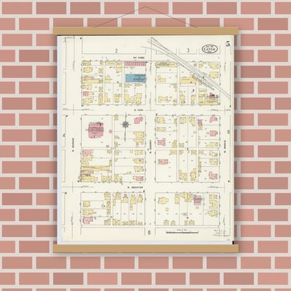 Old map wall art mockup — magnetic wood frame on brick wall — Sanborn Fire Insurance Map from Eaton, Preble County, Ohio (1911), Sheet #0005