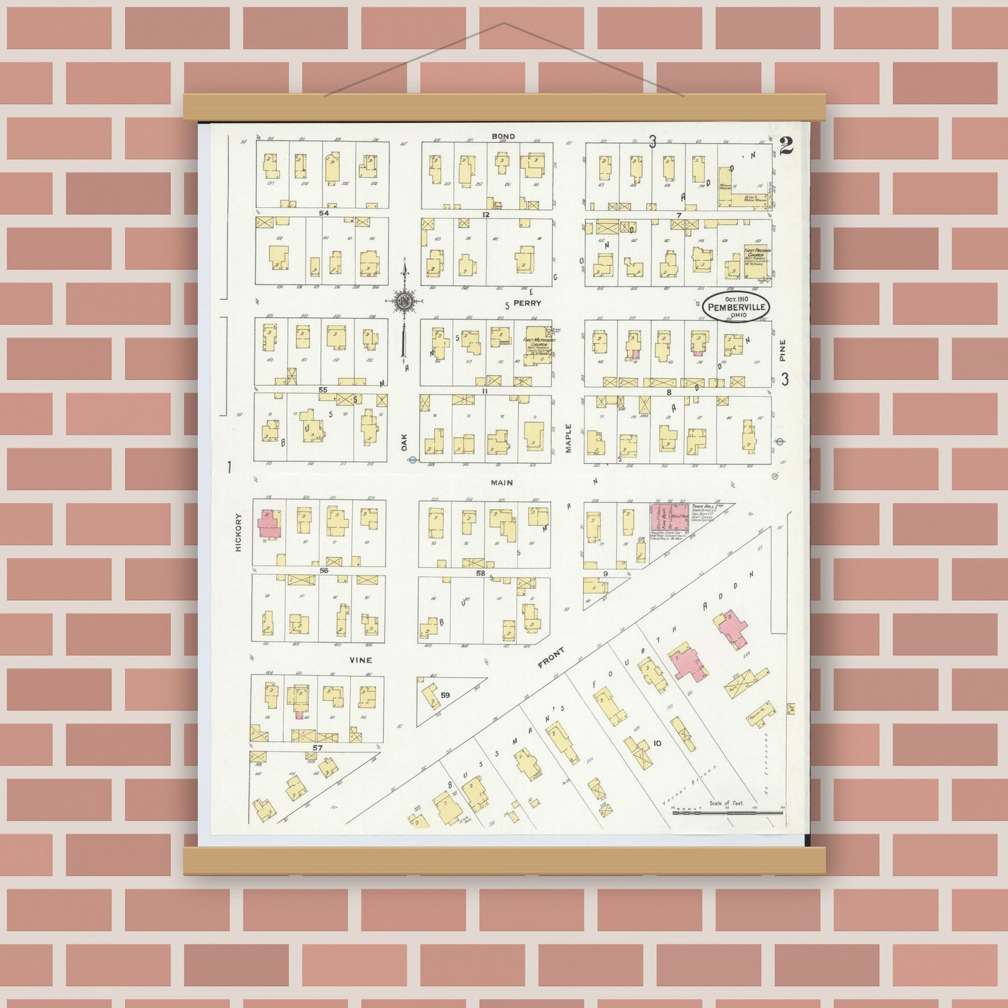 Old map wall art mockup — magnetic wood frame on brick wall — Sanborn Fire Insurance Map from Pemberville, Wood County, Ohio (1910), Sheet #0002