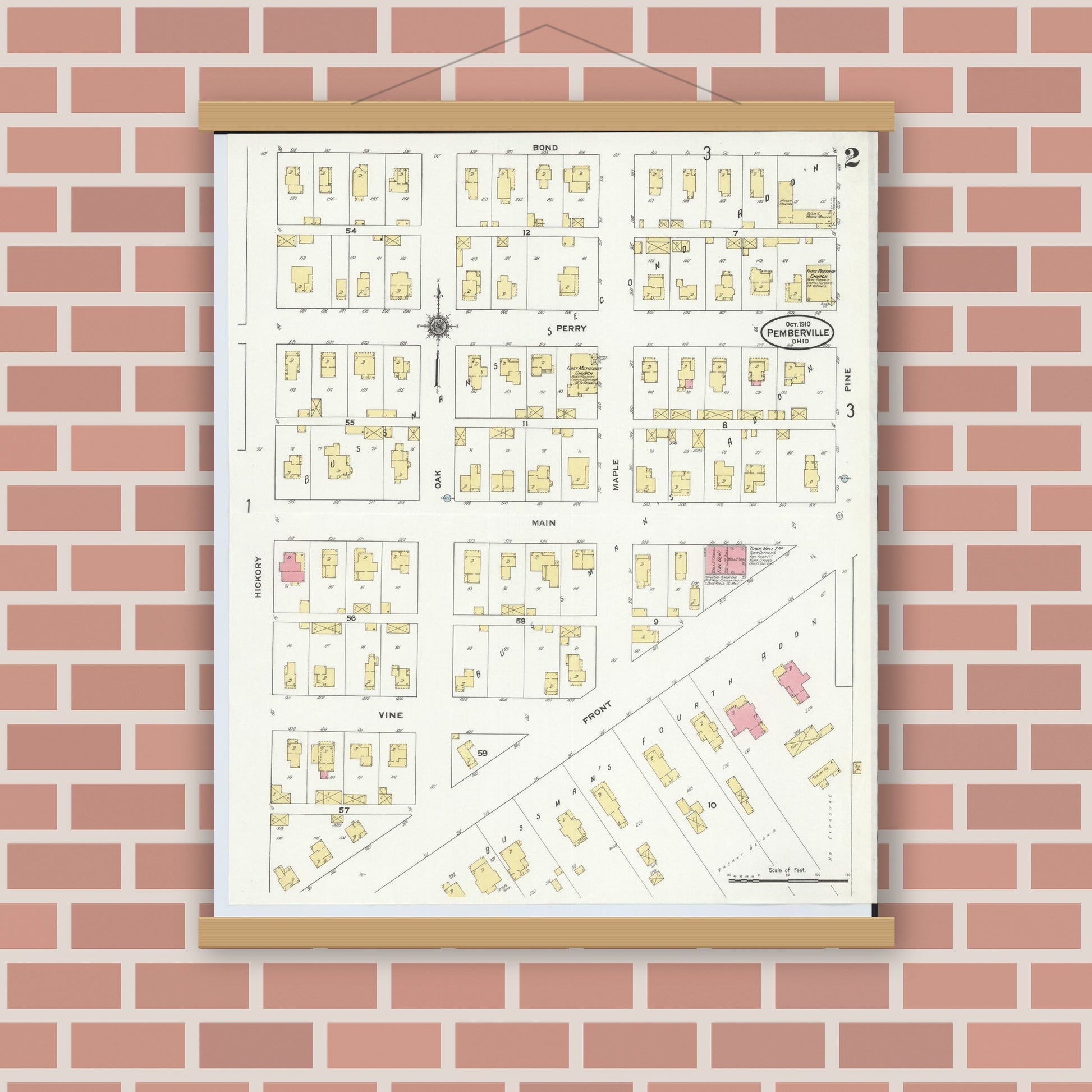 Old map wall art mockup — magnetic wood frame on brick wall — Sanborn Fire Insurance Map from Pemberville, Wood County, Ohio (1910), Sheet #0002