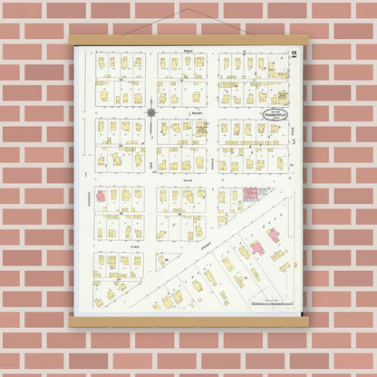 Old map wall art mockup — magnetic wood frame on brick wall — Sanborn Fire Insurance Map from Pemberville, Wood County, Ohio (1910), Sheet #0002