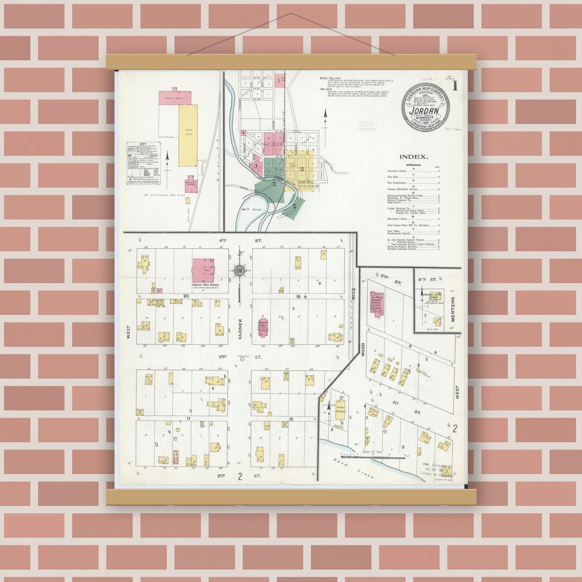 Old map wall art mockup — magnetic wood frame on brick wall — Sanborn Fire Insurance Map from Jordan, Scott County, Minnesota (1910) - Complete Map Set